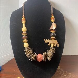 Handcrafted Wooden Beaded Necklace with Rhino Charm